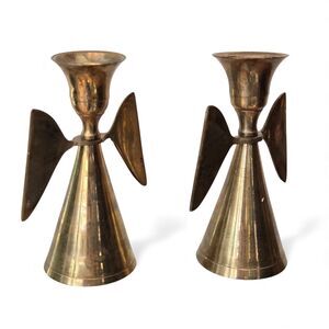 Pair of 2 Vtg Solid Brass Angel Bells Mid Century Modern Minimalist Christmas 4"